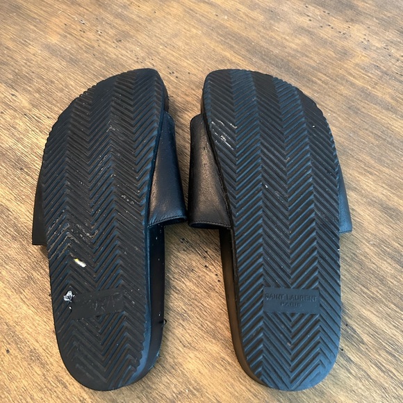 YSL Saint Laurent Joan Logo Slides Sandals Black Leather Sz 37.5 FAIR - Picture 6 of 14